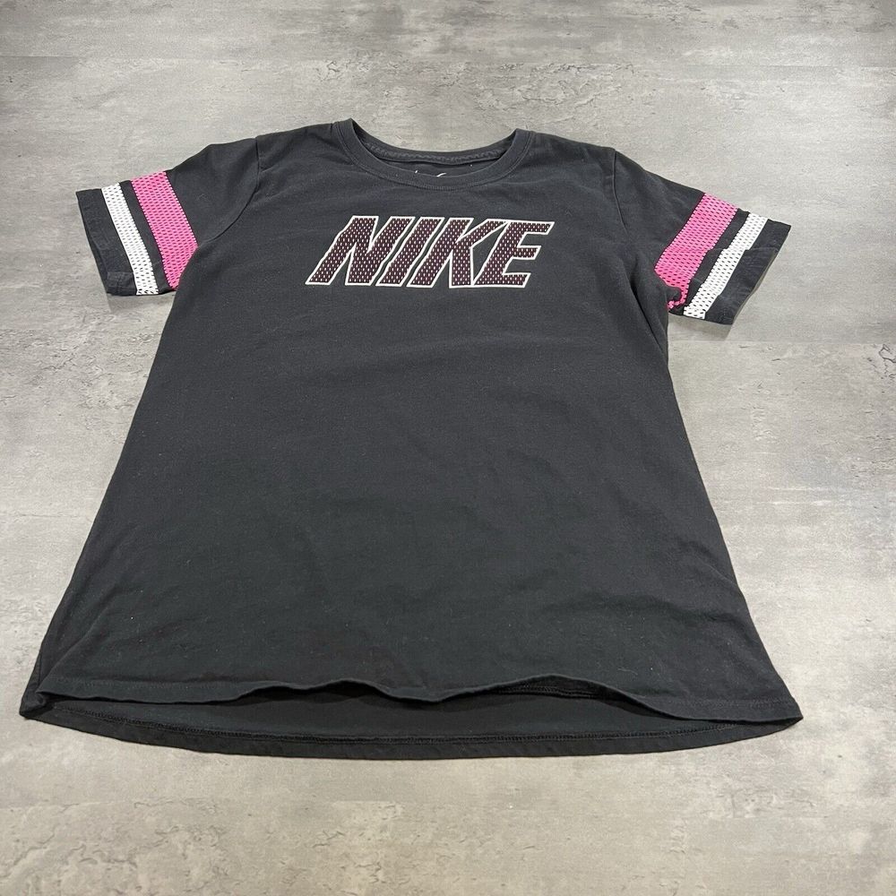 Nike Jersey Shirt Girls Youth Small Black Pink Y2K Football Style Cotton Gym Top